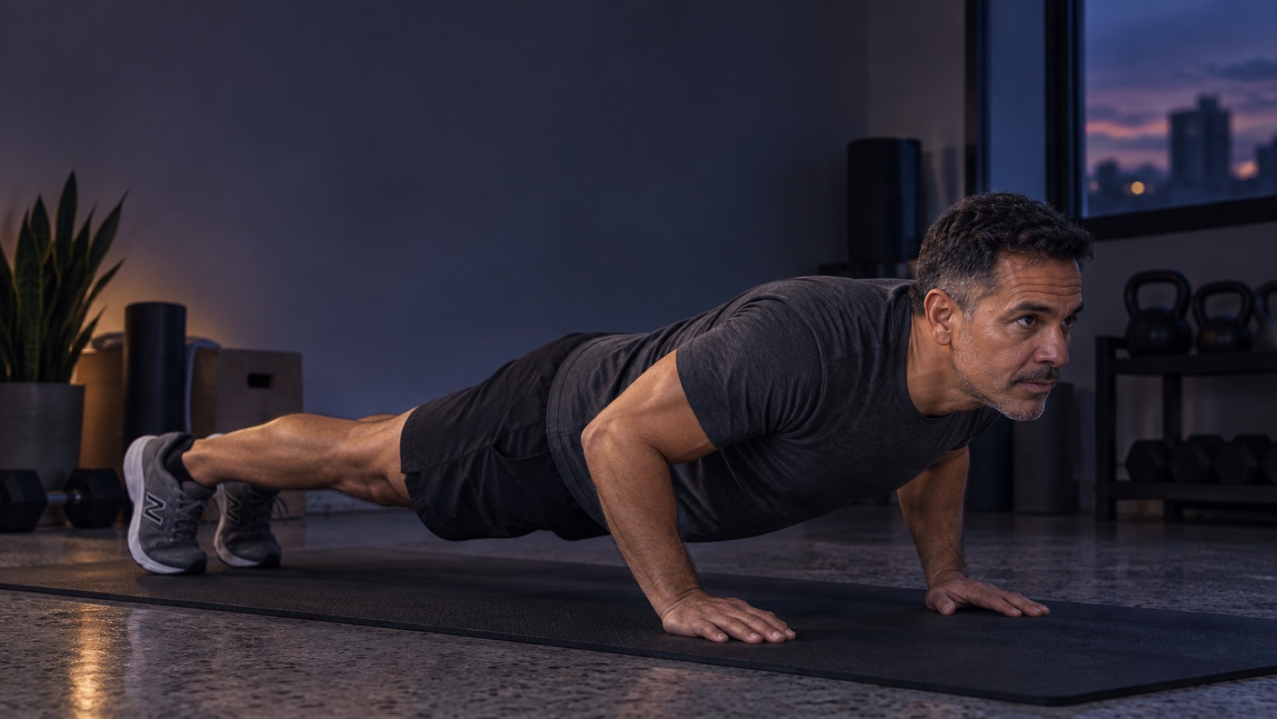 Marcos realizando una flexión en un estudio de entrenamiento